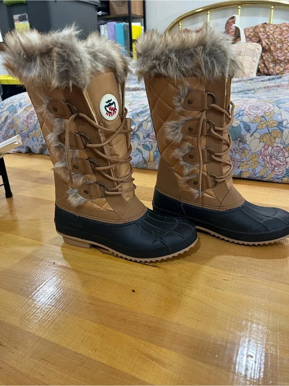Kids Brown and Black Winter Snow Boots with Faux Fur Trim